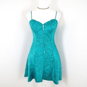 Victoria's Secret Gold Label Y2K VTG 90s Blue Green Jacquard Satin Slip Dress